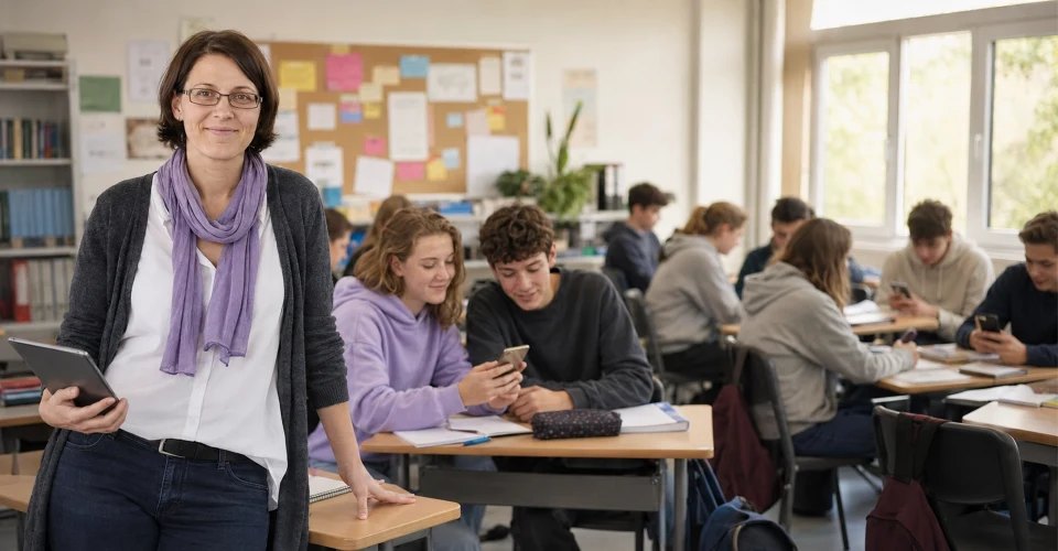 Eine Lehrerin bespricht mit zwei Jugendlichen deren Berufsorientierung