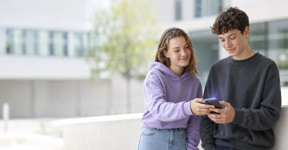 Zwei Jugendliche mit einem Smartphone vor ihrer Schule