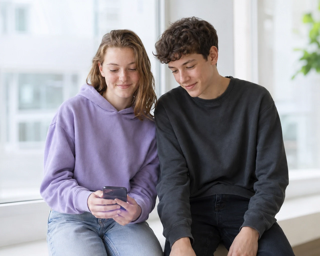 Zwei Jugendliche schauen gemeinsam auf ein Smartphone und entdecken passende Ausbildungsberufe